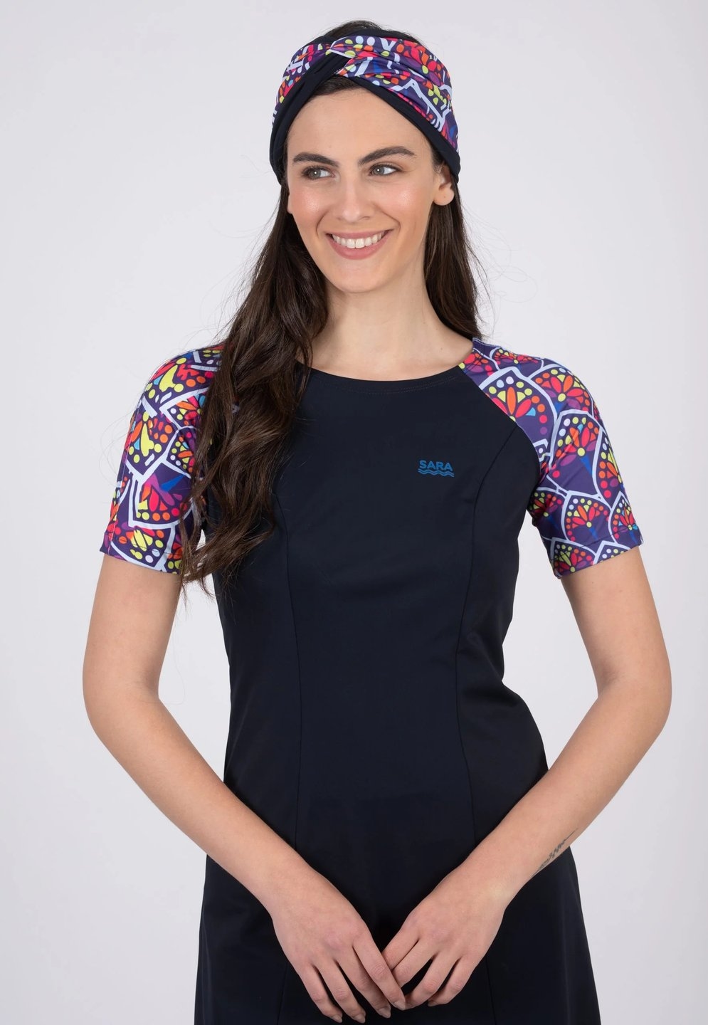 טוניקה שרוול קצר עלים צבעוניים לשחייה וספורט - Image 5